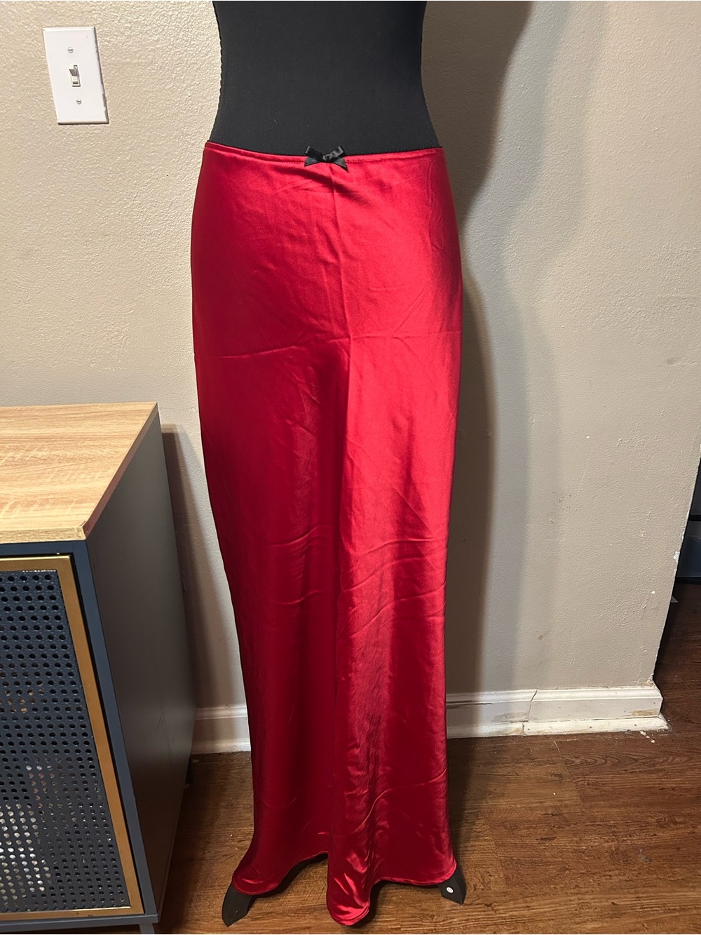 Almost Famous Red Satin Maxi Skirt 2X Plus Size Y2K Slip Skirt Black Bow